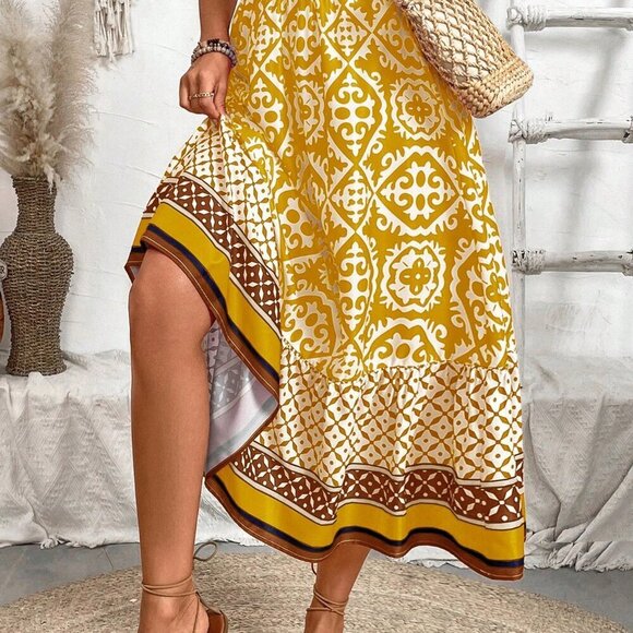 Yellow Boho Women's Vacation Style Allover Print Skirt - Picture 5 of 6